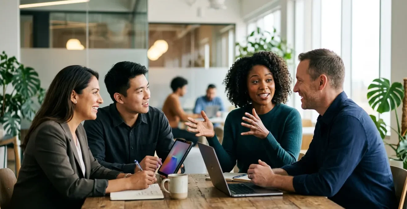 Collaborative team working together in modern workspace during digital transformation initiative