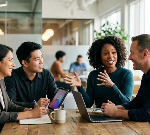 Collaborative team working together in modern workspace during digital transformation initiative