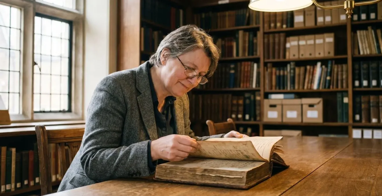 Family researcher examining historical parish register document in British county record office