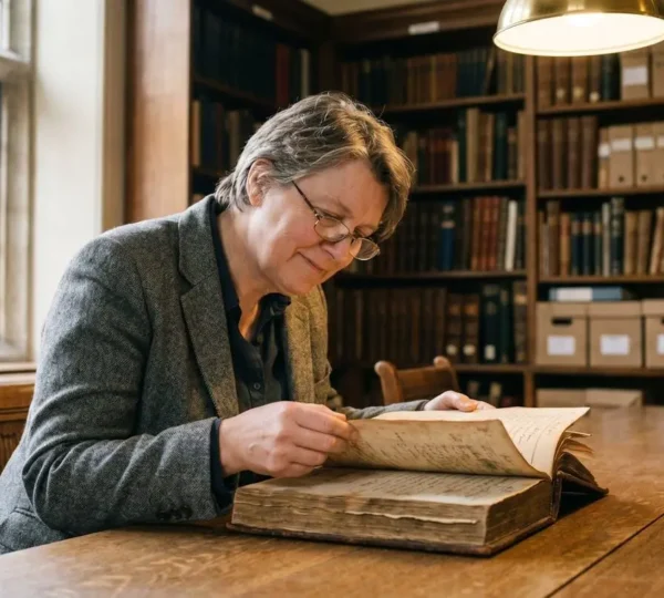 Family researcher examining historical parish register document in British county record office