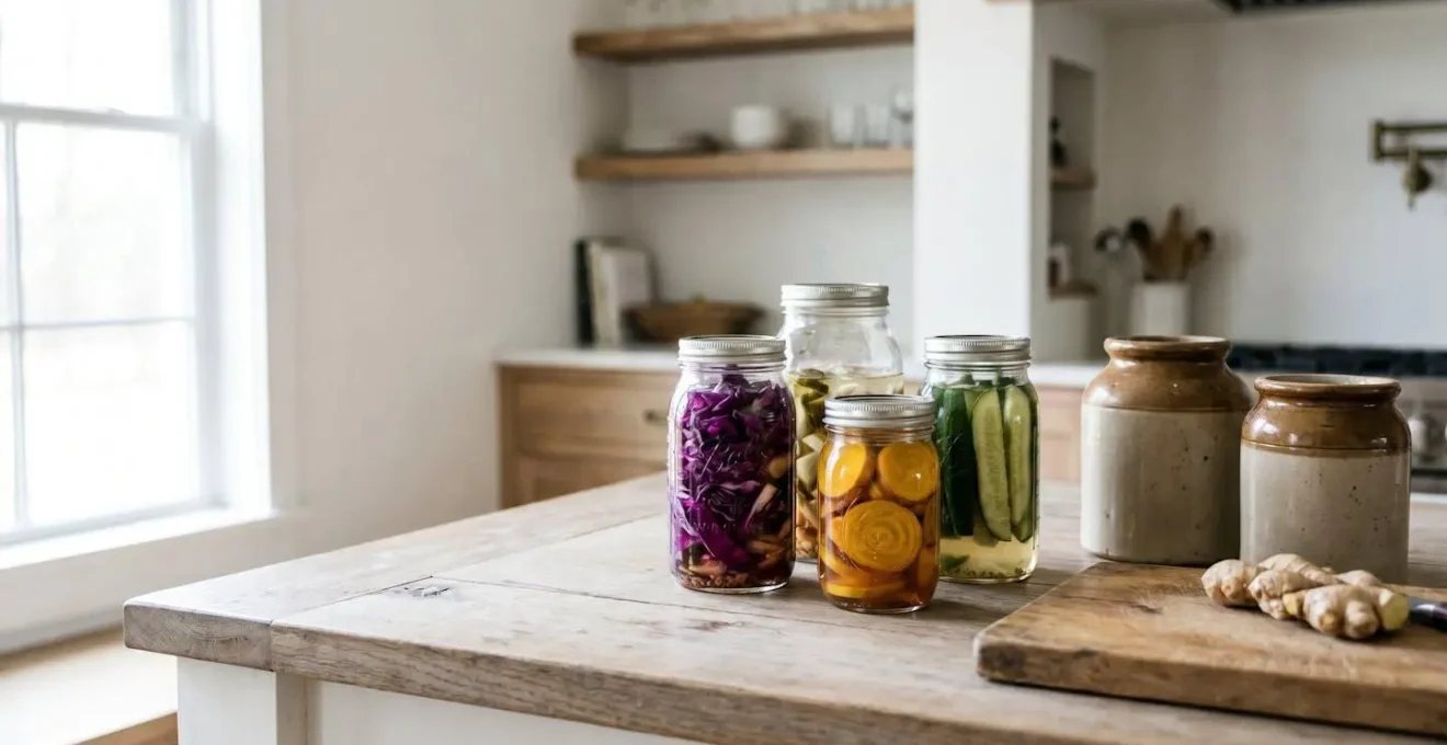 Rustic wooden kitchen table displaying various fermentation jars with vibrant vegetables and traditional fermentation vessels