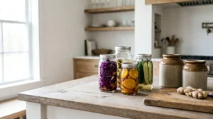 Rustic wooden kitchen table displaying various fermentation jars with vibrant vegetables and traditional fermentation vessels