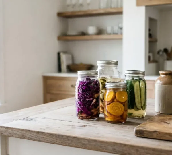 Rustic wooden kitchen table displaying various fermentation jars with vibrant vegetables and traditional fermentation vessels