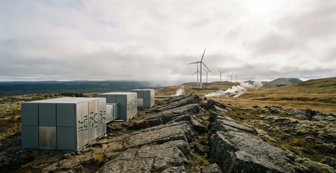 Industrial carbon removal facility integrated with renewable energy infrastructure in natural landscape