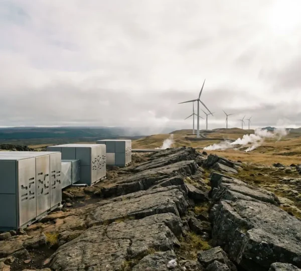 Industrial carbon removal facility integrated with renewable energy infrastructure in natural landscape