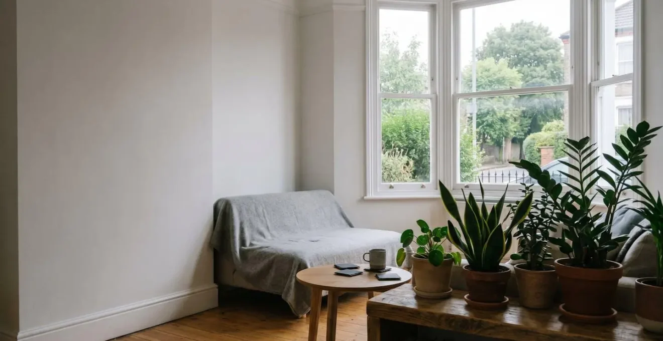 Natural light streaming through large windows into a contemporary UK urban living space with indoor plants and natural materials