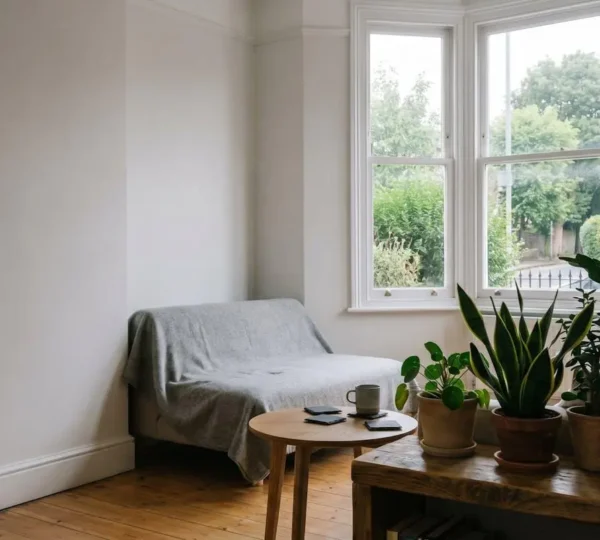Natural light streaming through large windows into a contemporary UK urban living space with indoor plants and natural materials