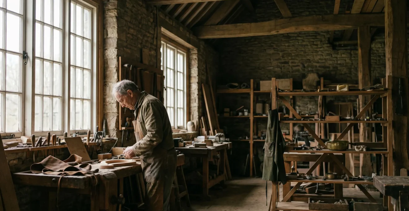 Master craftsman working in traditional British workshop with heritage tools and natural light