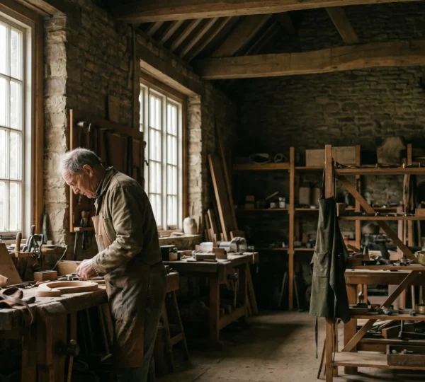 Master craftsman working in traditional British workshop with heritage tools and natural light