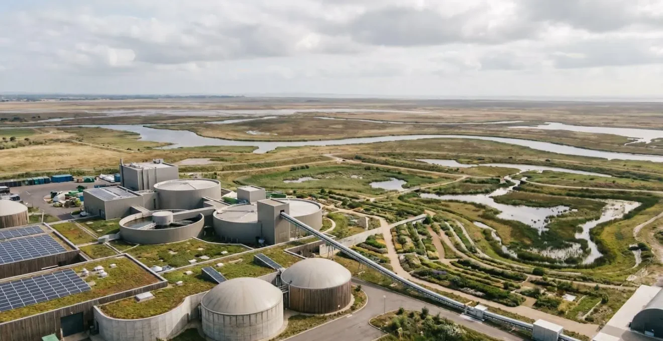 Wide aerial perspective of a modern waste management facility integrated into a regenerative landscape, showcasing circular economy principles