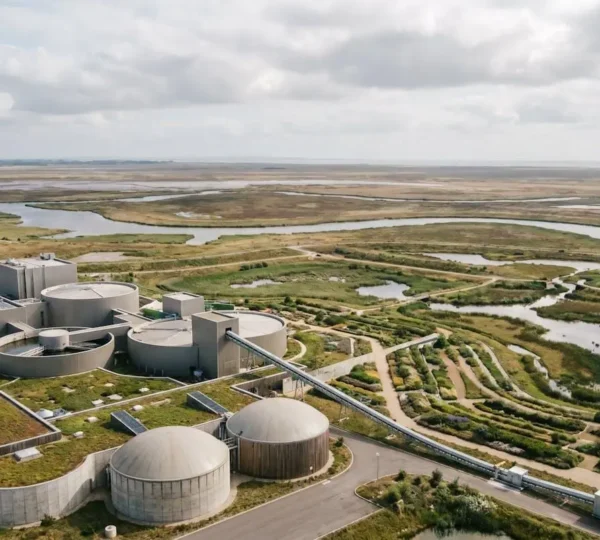 Wide aerial perspective of a modern waste management facility integrated into a regenerative landscape, showcasing circular economy principles