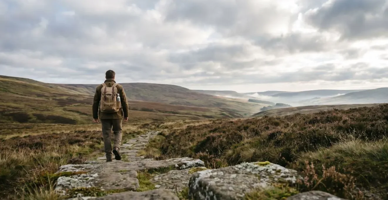 Hiker with reusable equipment walking mindfully on ancient moorland trail in UK National Park