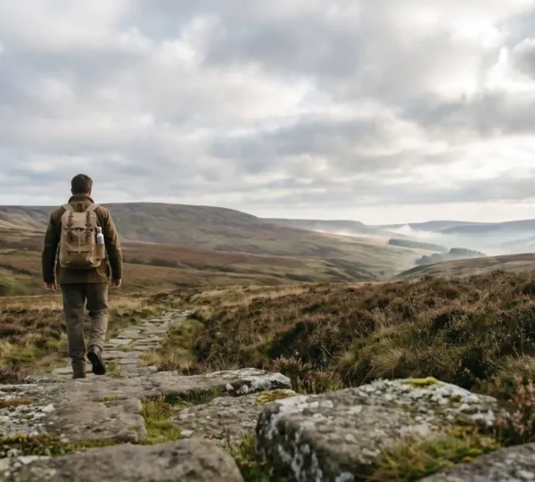 Hiker with reusable equipment walking mindfully on ancient moorland trail in UK National Park