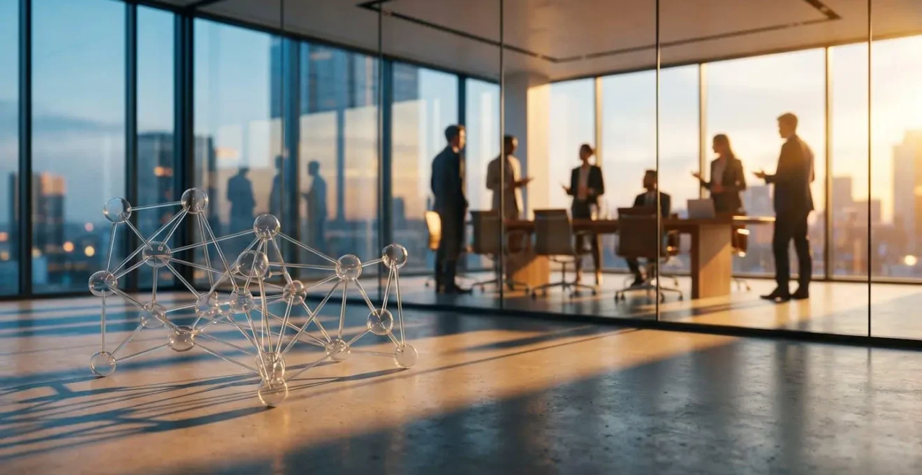 Strategic business environment showing abstract neural network visualization through environmental elements