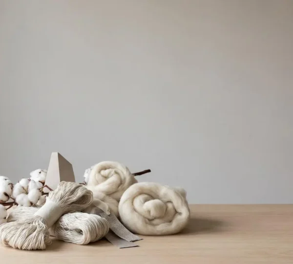 Natural organic textile materials arranged in minimalist composition with soft natural light