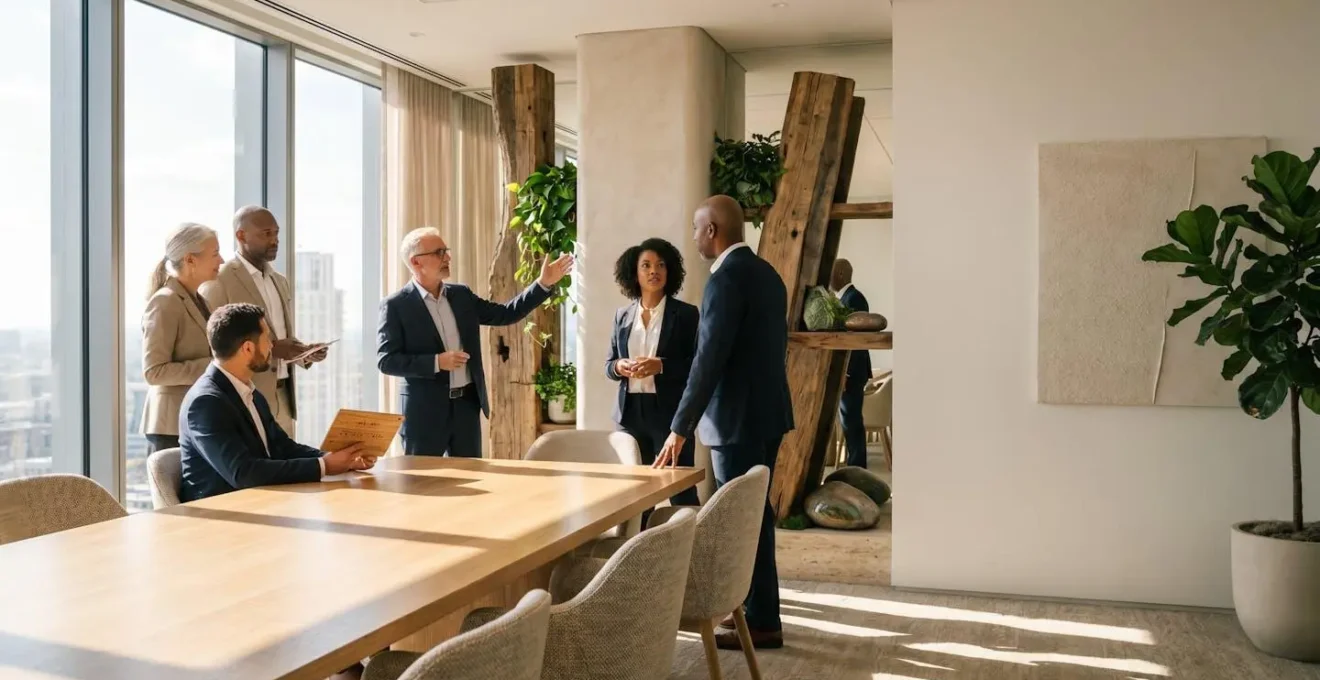 Modern corporate boardroom with diverse leadership team engaged in strategic ESG governance discussion