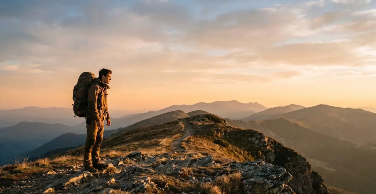 Young traveler standing on mountain ridge facing vast horizon at golden hour symbolizing transformative gap year journey