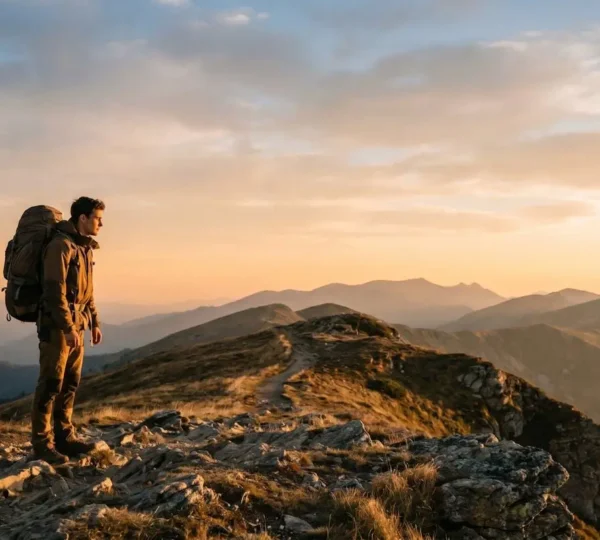 Young traveler standing on mountain ridge facing vast horizon at golden hour symbolizing transformative gap year journey