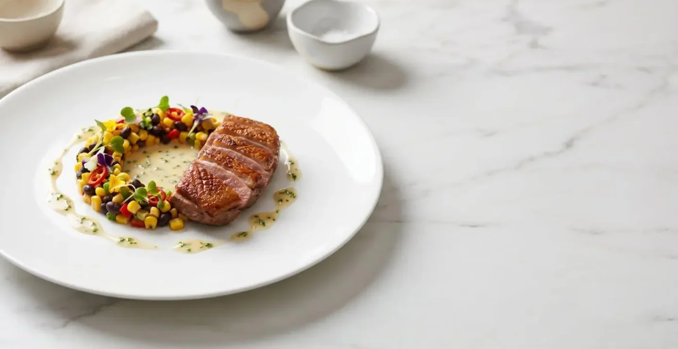 Fusion cuisine plating with diverse cultural elements harmoniously combined on an elegant plate