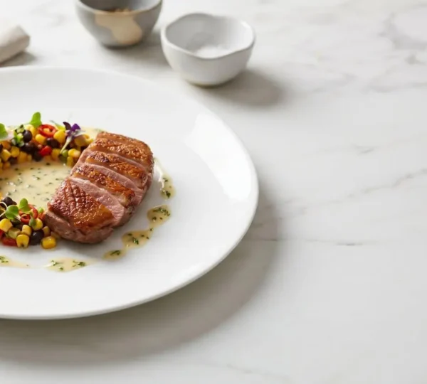 Fusion cuisine plating with diverse cultural elements harmoniously combined on an elegant plate