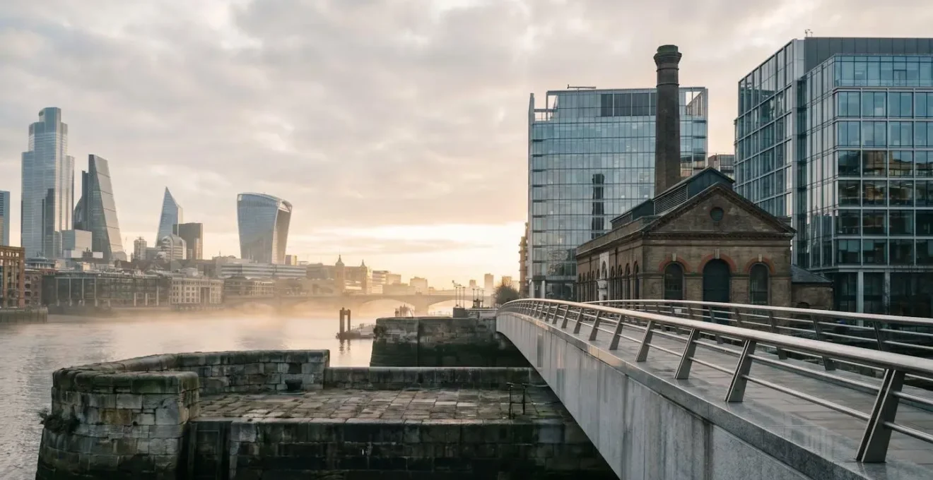 London skyline featuring historic and modern engineering landmarks with River Thames
