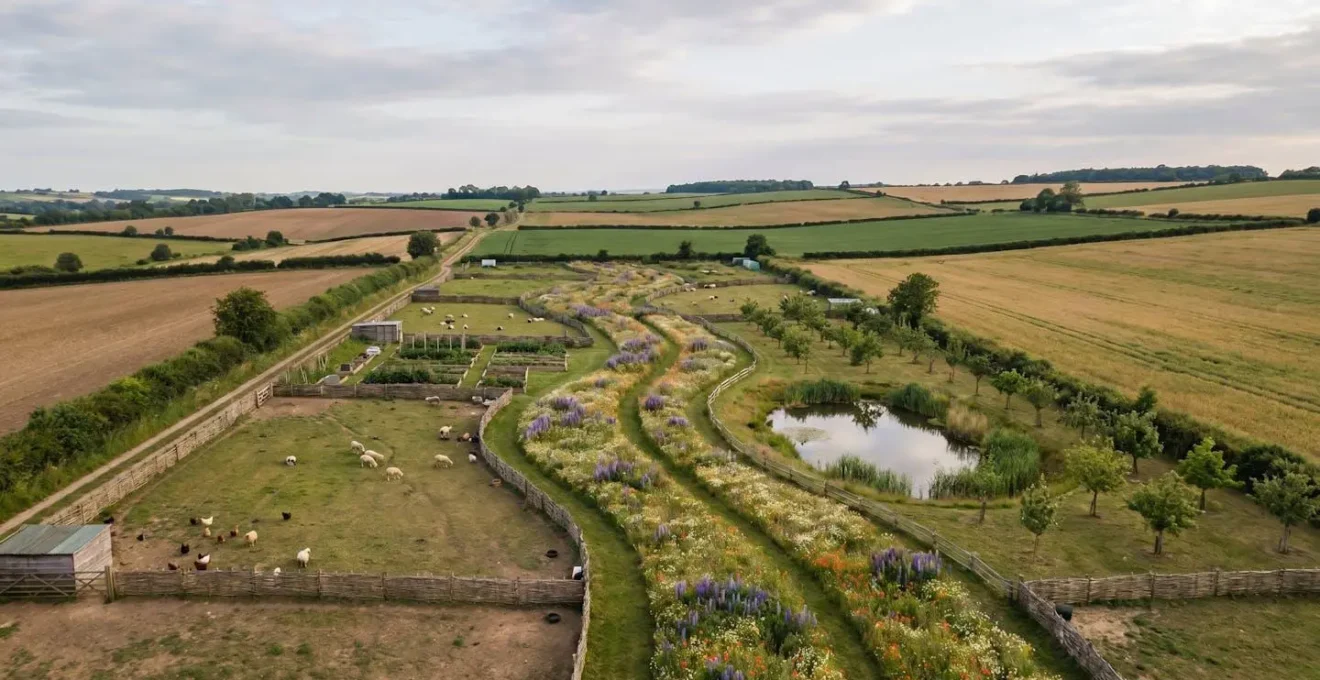 A diverse small farm landscape showing integrated ecosystem management with rotational grazing, native plantings, and water features