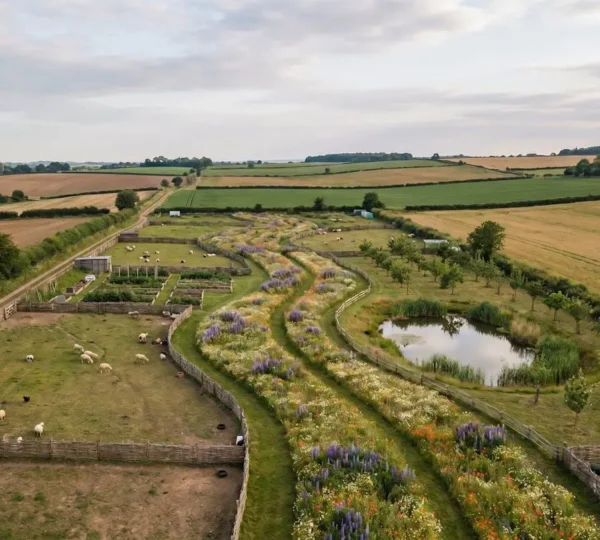 A diverse small farm landscape showing integrated ecosystem management with rotational grazing, native plantings, and water features