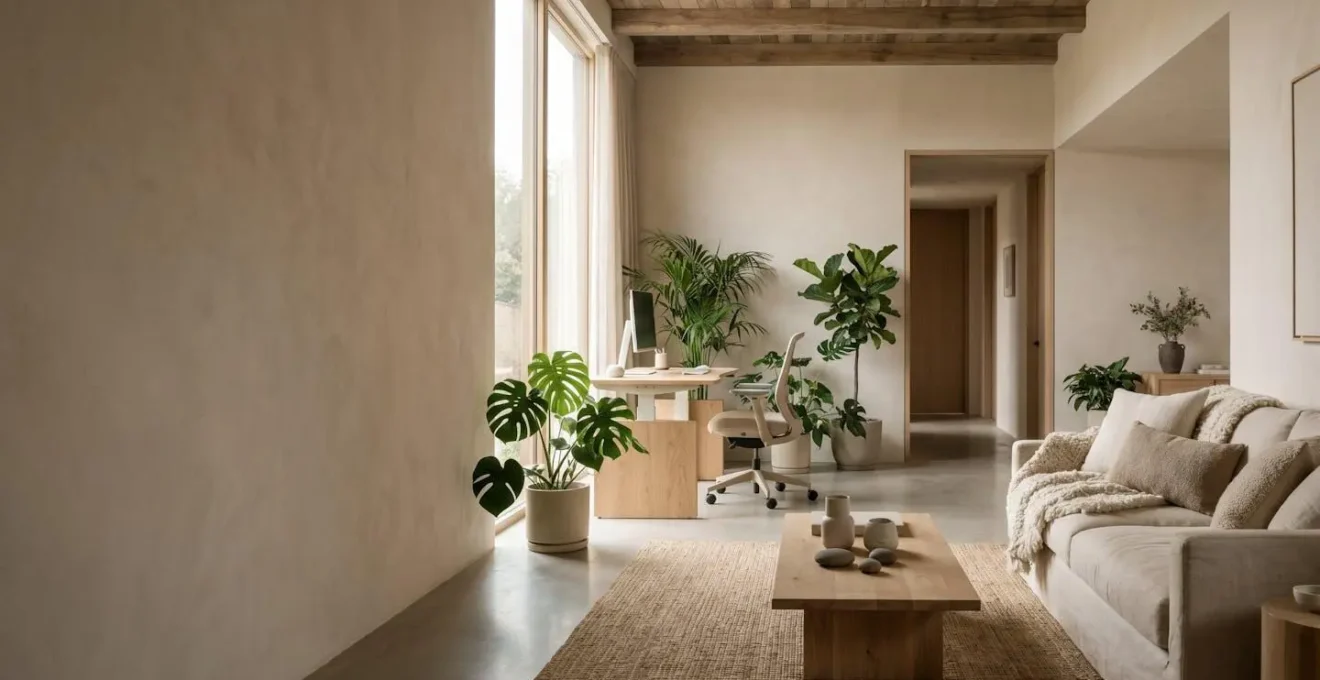 Modern home interior showcasing ergonomic design principles with natural light, comfortable workspaces, and biophilic elements for maximum well-being