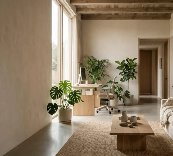 Modern home interior showcasing ergonomic design principles with natural light, comfortable workspaces, and biophilic elements for maximum well-being