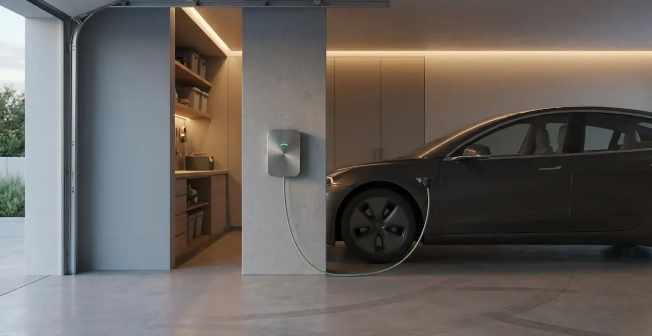 Modern home garage with electric vehicle charging station installed on wall next to parked family car during golden hour