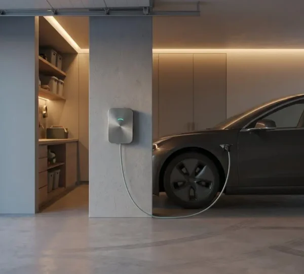 Modern home garage with electric vehicle charging station installed on wall next to parked family car during golden hour