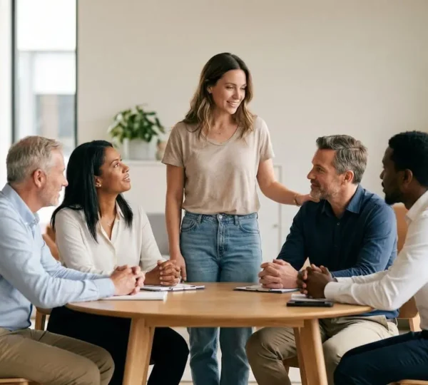 Professional team navigating organizational change with transparent leadership and collaborative atmosphere