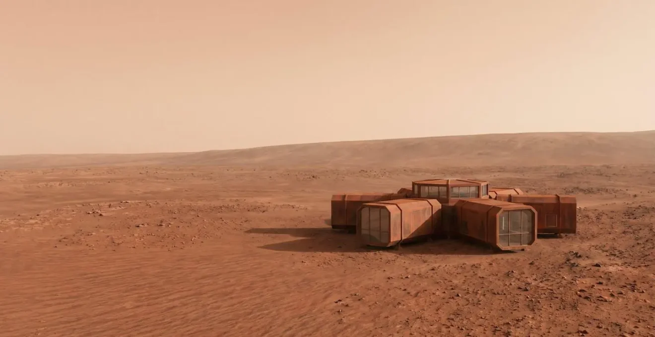 Realistic Mars surface habitat with modular structures against dusty red terrain and thin atmosphere