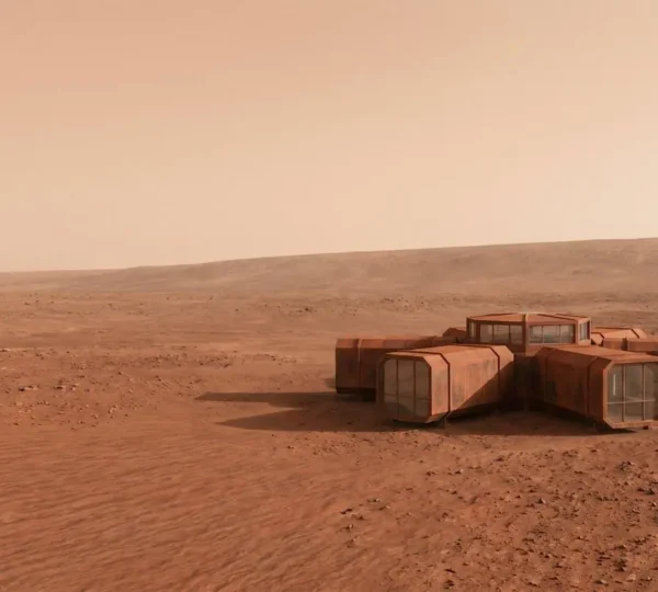 Realistic Mars surface habitat with modular structures against dusty red terrain and thin atmosphere