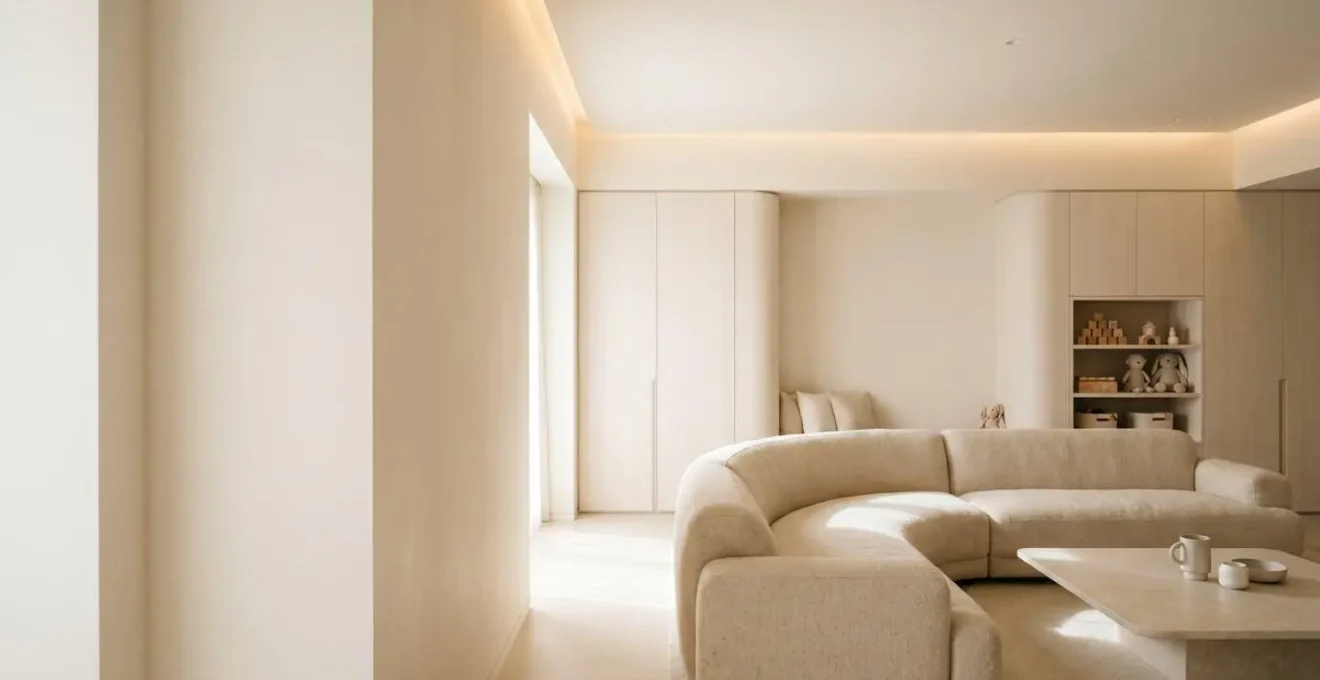 A serene minimalist family living room with clean lines, neutral tones, and hidden storage seamlessly integrated into wall design