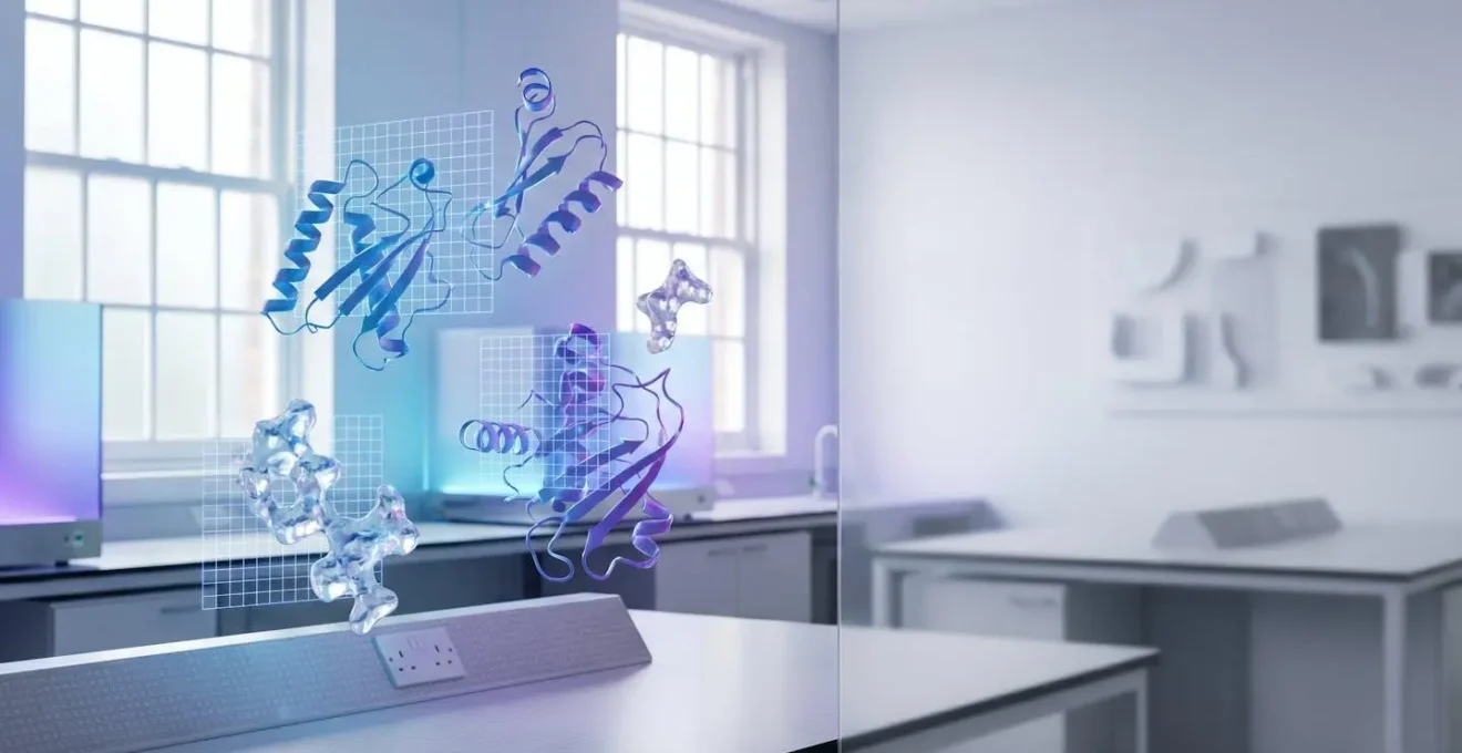 Advanced molecular modeling visualization showing protein structure prediction and computational drug design in modern UK pharmaceutical research laboratory
