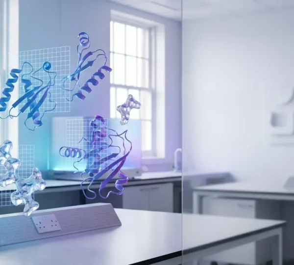 Advanced molecular modeling visualization showing protein structure prediction and computational drug design in modern UK pharmaceutical research laboratory