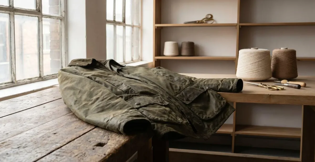 British heritage waxed jacket draped over weathered wooden bench in a workshop with natural light