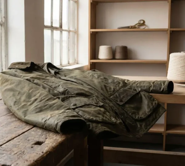 British heritage waxed jacket draped over weathered wooden bench in a workshop with natural light