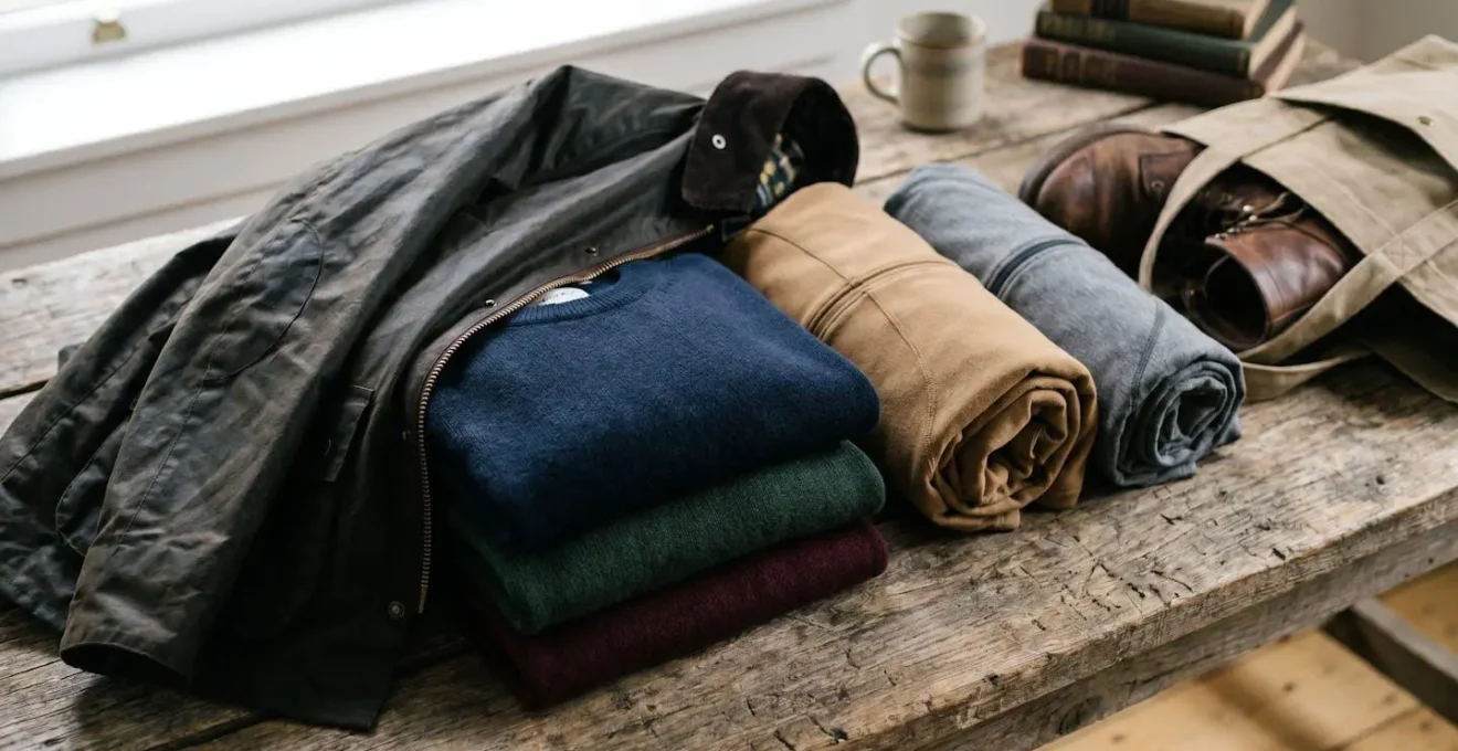 Versatile layered clothing pieces arranged for UK's unpredictable weather and changing seasons