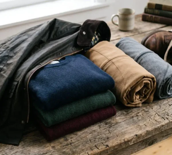 Versatile layered clothing pieces arranged for UK's unpredictable weather and changing seasons