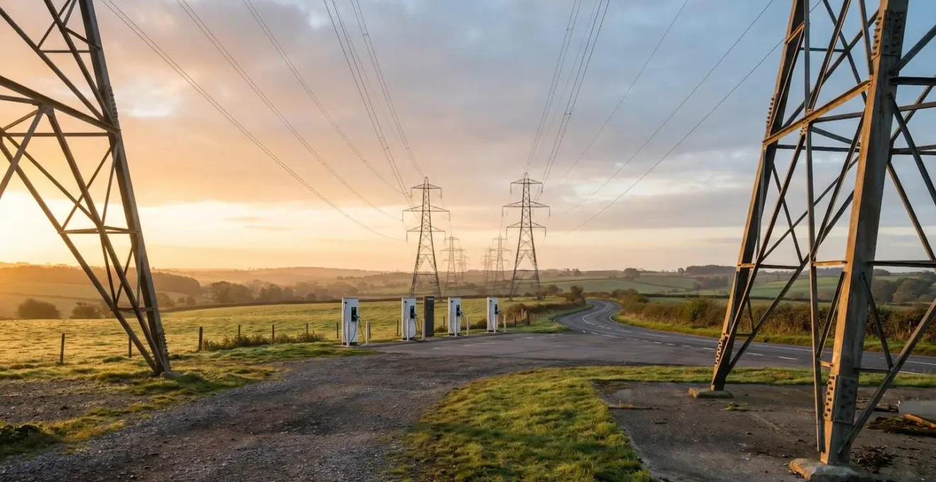 Modern UK electrical grid infrastructure supporting electric vehicle revolution with renewable energy integration