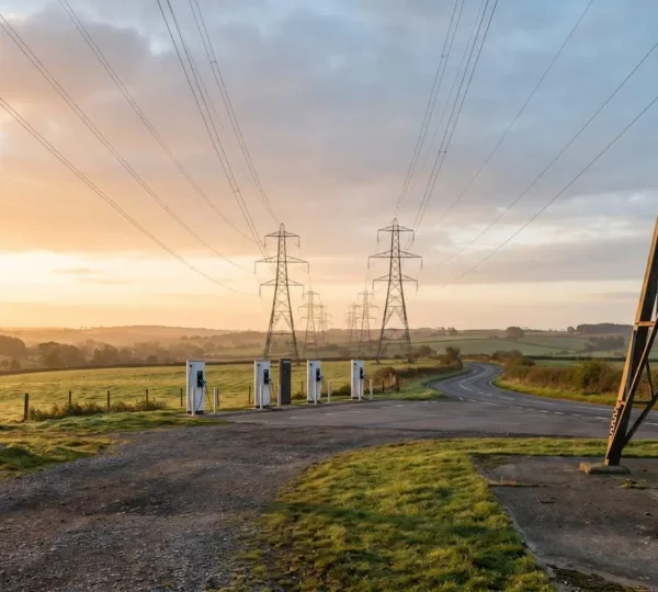 Modern UK electrical grid infrastructure supporting electric vehicle revolution with renewable energy integration