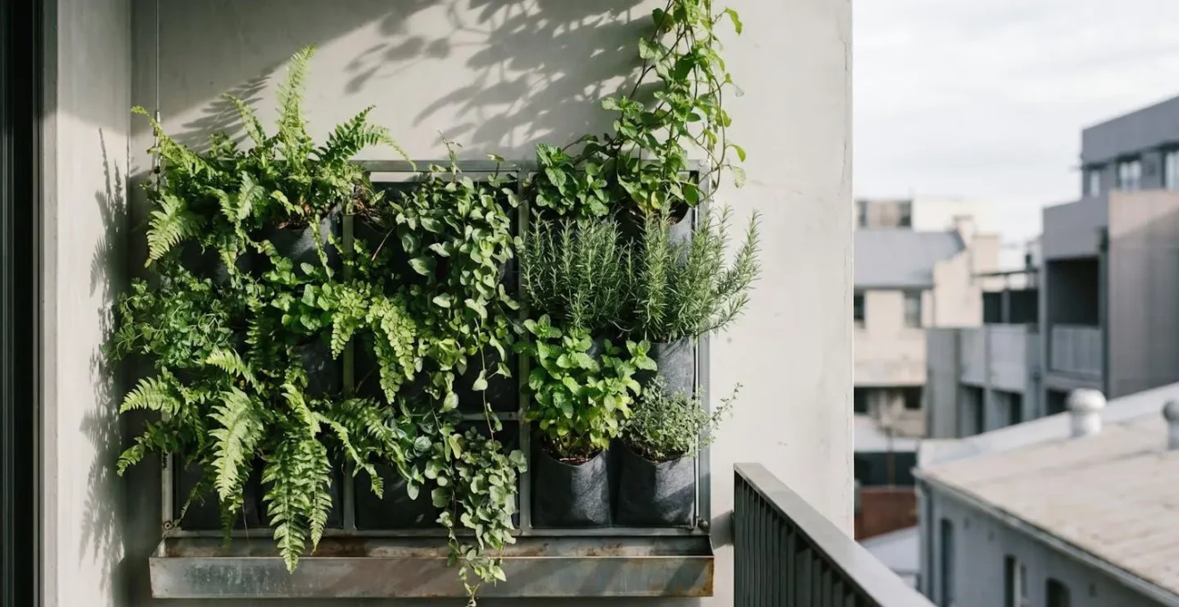 Lush vertical garden installation on a small urban balcony with trailing plants and modular planters