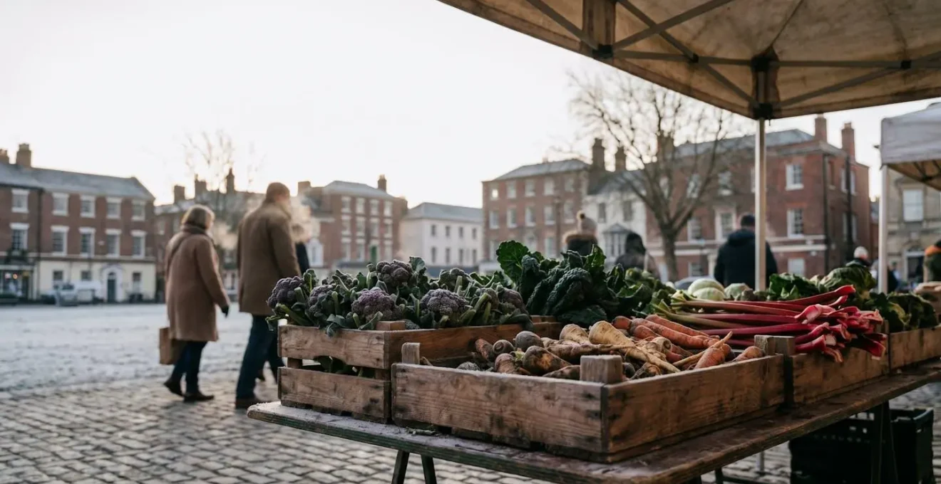 Fresh seasonal winter vegetables displayed at an urban farmers market in a UK city during cold weather
