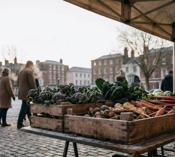 Fresh seasonal winter vegetables displayed at an urban farmers market in a UK city during cold weather